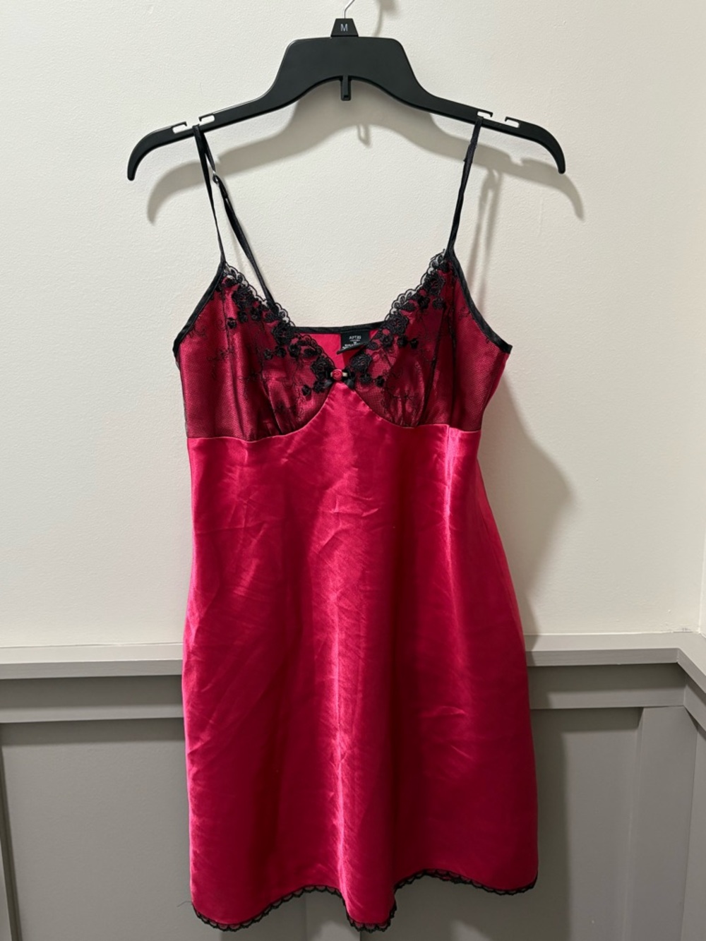 Fuchsia Satin Mini Slip Dress with Black Lace Trim Detailing